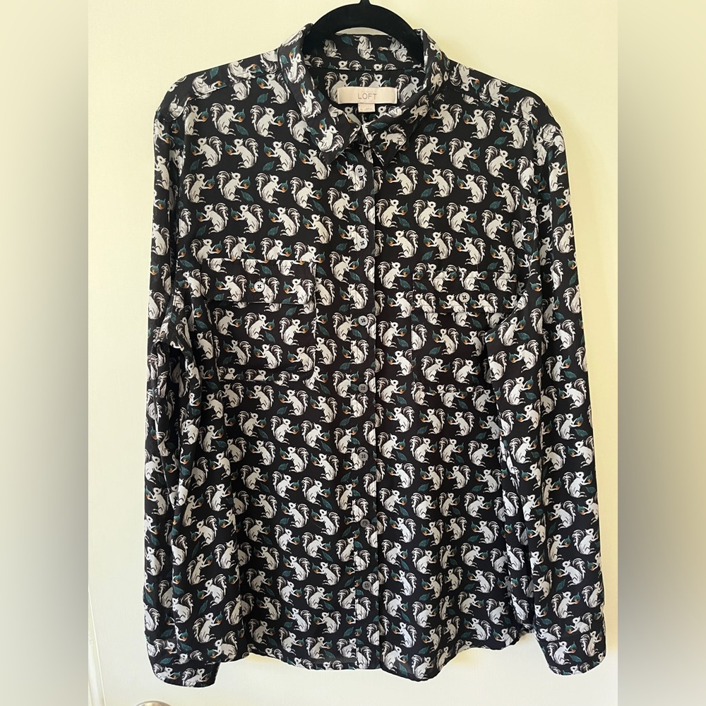 Loft Squirrel Print Button Down Blouse - Size XL
